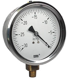 Wika 213.53 Series Glycerin/Water Filled Industrial Pressure Gauge, 4" Dial, -30 inHg to 0 psi, 1/4" NPT Brass Lower Mount