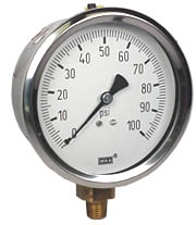 Wika 213.53 Series Glycerin Filled Industrial Pressure Gauge, 4" Dial, 0 to 100 PSI, 1/4" NPT Brass Lower Mount