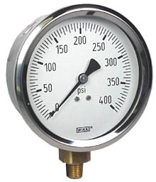 Wika 213.53 Series Glycerin Filled Industrial Pressure Gauge, 4" Dial, 0 to 400 psi, 1/4 NPT Brass Lower Mount