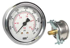 Wika 212.53 Series Liquid Filled Pressure Gauge, 2.5" Dial, 0 ot 7500 psi (bar), 1/4 NPT Brass Back Mount, U-Clamp Panel Mount