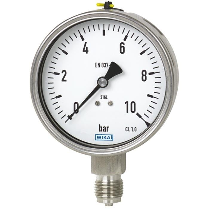 WIKA Stainless Steel Glycerin Filled Pressure Gauge, 2.5" Dial, 200 PSI, Liquid Filled, 1/4" NPT SS Lower Mount
