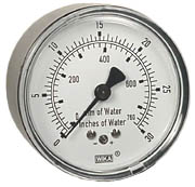 Wika 611.10 Series Dry Capsule Pressure Gauge, 2.5" Dial, 0 to 30 in (mm.WC), 1/4 NPT Brass Center Back Mount