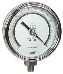 Wika 332.54 Series Dry Precision Test Pressure Gauge, 4" Dial, 30 inHg, 1/4 NPT SS Lower Mount