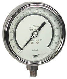 Wika 332.54 Series Dry Precision Test Pressure Gauge, 4" Dial, 0 to 300 psi, 1/4 NPT SS Lower Mount