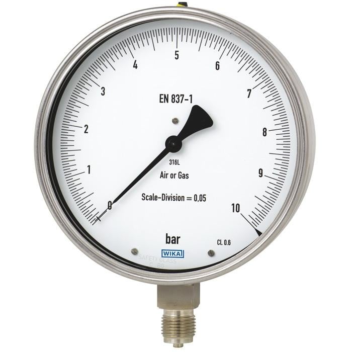 Wika 332.54 Series Dry Precision Test Pressure Gauge, 4" Dial, 0 to 160 psi, 1/4 NPT SS Lower Mount