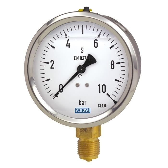 Wika 212.53 Series Dry Industrial Pressure Gauge, 2.5" Dial, 0 to 7500 psi (bar), 1/4 NPT Brass Lower Mount, O2 Cleaned