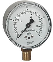 Wika 611.10 Series Dry Capsule Pressure Gauge, 0 to 20 oz/in2 (in.WC), 1/4 NPT Brass Lower Mount