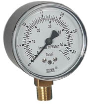 Wika 611.10 Series Dry Capsule Pressure Gauge, 2.5" Dial, 2 to 32 oz/in2 (in.WC), 1/4 NPT Brass Lower Mount