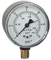 Wika 611.10 Series Dry Capsule Pressure Gauge, 2.5" Dial, 0 to 60 oz/in2 (mm.WC), 1/4 NPT Brass Lower Mount