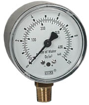 Wika 611.10 Series Dry Capsule Pressure Gauge, 2.5" Dial, 0 to 10 oz/in2 (mm.WC), 1/4 NPT Brass Lower Mount