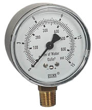 Wika 611.10 Series Dry Capsule Pressure Gauge, 2.5" Dial, 0 to 15 oz/in2 (mm.WC), 1/4 NPT Brass Lower Mount