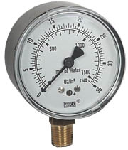 Wika 611.10 Series Dry Capsule Pressure Gauge, 2.5" Dial, 0 to 35 oz/in2 (mm.WC), 1/4 NPT Brass Lower Mount