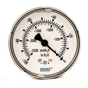 Wika 611.10 Series Dry Capsule Pressure Gauge, 2.5" Dial, -100 to 0 in (mm.WC), 1/4 NPT Brass Center Back Mount