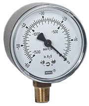 Wika 611.10 Series Dry Capsule Pressure Gauge, 2.5" Dial, -60 to 0 in (mm.WC), 1/4 NPT Brass Lower Mount