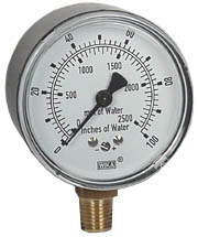 Wika 611.10 Series Dry Capsule Pressure Gauge, 2.5" Dial, 0 to 100 in (mm.WC), 1/4 NPT Brass Lower Mount