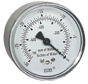Wika 611.10 Series Dry Capsule Pressure Gauge, 2.5" Dial, -30 to 0 in.WC (mm.WC), 1/4 NPT Brass Center Back Mount
