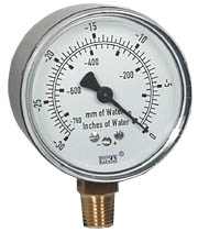 Wika 611.10 Series Dry Capsule Pressure Gauge, 2.5" Dial, -30 to 0 in (mm.WC), 1/4 NPT Brass Lower Mount