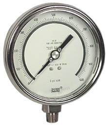Wika 332.54 Series Liquid Filled Precision Test Pressure Gauge, 4" Dial, 0 to 1000 psi, 1/4 NPT SS Lower Mount