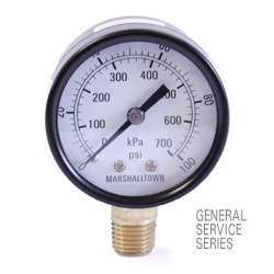 Marsh General Service Pressure Gauge, 2" Dial, Black Painted Steel Case, 1/4" Brass Lower Mount, 100 PSI/KPa Range