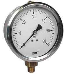 Wika 212.53 Series Ready to Fill Industrial Pressure Gauge, 4" Dial, 0 to 60 psi, 1/4 NPT Brass Lower Mount