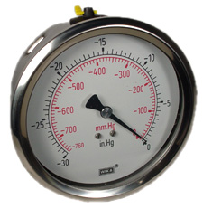Wika 212.53 Series Dry Industrial Pressure Gauge, 4" Dial, -30 inHg/0 psi, 1/4 NPT Brass Lower Mount