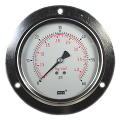 Wika 213.53 Series Glycerin Filled Industrial Pressure Gauge, 4" Dial, 0 to 60 psi (kg/cm2), 1/4 NPT Brass Lower Back Mount, Front Flange Panel Mount