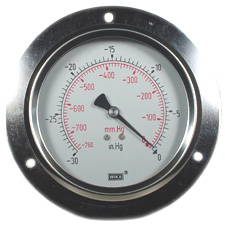 Wika 213.53 Series 4" Brass Industrial Pressure Gauge, -30 inHg/0 psi, 2nd Scale mmHg, 1/4 NPT LBPM, Liquid Filled