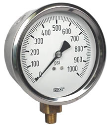Wika 232.53 Series Ready to Fill Pressure Gauge, 4" Dial, 0 to 1000 psi, 1/4 NPT SS Lower Mount