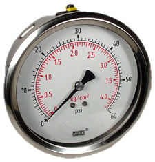 Wika 232.53 Series Ready to Fill Pressure Gauge, 4" Dial, 0 to 60 psi (kg/cm2), 1/4 NPT SS Lower Back Mount