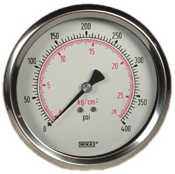 Wika 232.53 Series Ready to Fill Pressure Gauge, 4" Dial, 0 to 400 psi (kg/cm2), 1/4 NPT SS Lower Back Mount