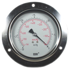 Wika 212.53 Series Ready to Fill Pressure Gauge, 4" Dial, -30 inHg to 0 psi (mmHg), 1/4 NPT Brass, Lower Back Mount, Front Flange