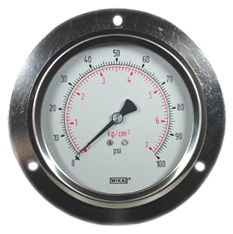 Wika 212.53 Series Ready to Fill Industrial Pressure Gauge, 4" Dial, 0 to 100 psi (kg/cm2), 1/4 NPT Brass, Front Flange Panel Mount