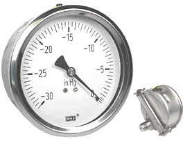 Wika 232.53 Series Read to Fill Pressure Gauge, 4" Dial, -30 in/Hg to 0 psi, 1/2 NPT SS Lower Back Mount, U-Clamp Panel Mount