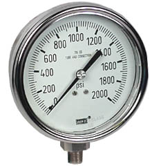 Wika 233.53 Series Glycerin Filled Pressure Gauge, 4" Dial, 0 to 2000 psi, 1/4 NPT SS Back Mount 