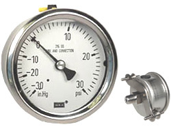 Wika 233.53 Series Glycerin Filled Pressure Gauge, 2.5" Dial, -30 inHg to 30 psi, 1/4 NPT SS Center Back Mount, U-Clamp Panel Mount