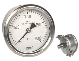 Wika 233.53 Series Glycerin Filled Pressure Gauge, 2.5" Dial, 0 to 2000 psi, 1/4 NPT SS Center Back, U-Clamp Panel Mount
