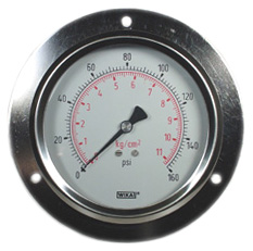 Wika 232.53 Series Ready to Fill Pressure Gauge, 4" Dial, 0 to 160 psi (kg/cm2), 1/4 NPT SS Lower Back Mount, Front Flange