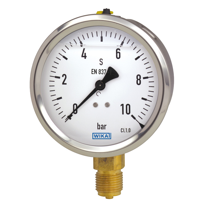 Wika 21x.53 Series 4" SS Pressure Gauge, Crimped Ring, Brass Wetted Parts