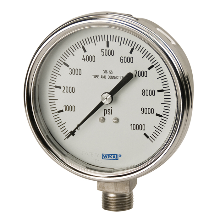 Wika 232.54 Series 4" SS Pressure Gauge, Dry/Fillable, SS Wetted Parts, Removable Ring