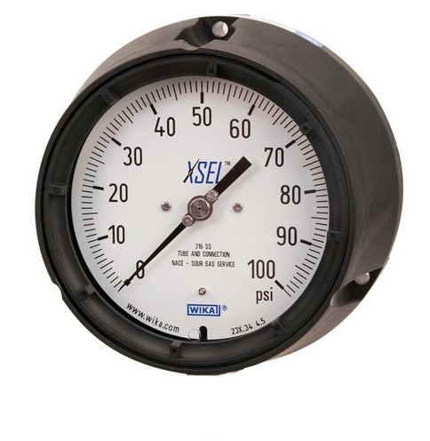 Wika 233.34 Series Stainless Steel Liquid Filled Process Gauge, 4.5" Dial, 0 to 5000 PSI, 1/2" NPT Lower Back Mount