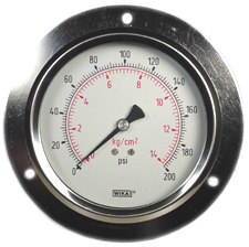 Wika Model: 213.53-E  Measuring System: Copper Alloy Case: 304 Stainless Steel Case: Non-removable crimp ring Nominal size: 4" Scale range: -30 inHg/300 psi Process Connection: 1/4 NPT Connector location: lower mount Mounting Flange/Bracket: Rear Flange, Stainless Steel Accuracy Class: +/- 1% (ASME B40.100 Grade 1A) Case filling fluid: Glycerine Pressure Gauge Standard: US-Standard