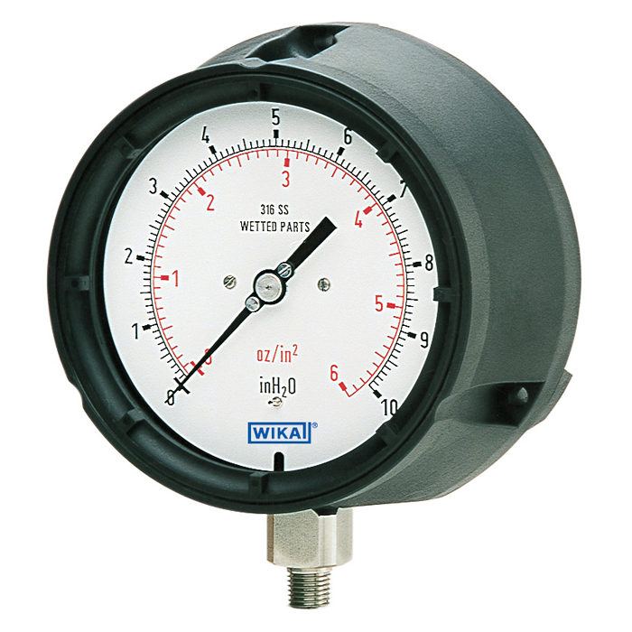 Wika 6x2.34 Series 4.5" Thermoplastic Low Pressure Capsule Gauge, Solid-Front, Dry/Fillable, Brass or SS Wetted Parts