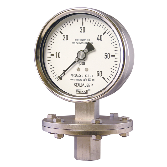 Wika 43x.30 Series 6" SS Diaphragm Pressure Gauge, Dry/Fillable, Solid Front Design