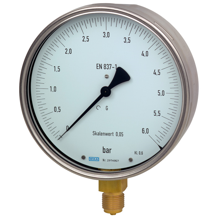 Wika 312.20 Series 6" SS Dry Test Gauge, Brass Wetted Parts