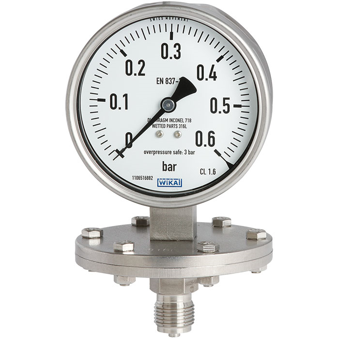 Wika 43x.50 Series 6" SS Diaphragm Pressure Gauge, Dry/Fillable, Pressure Blowout Disk