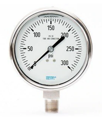 Wika 233.53 Series Stainless Steel Liquid (Glycerin Water Mix) Filled Pressure Gauge, 2.5" Dial, 0 to 500 PSI, 1/4" NPT Lower Connection, Flex Window - IP66