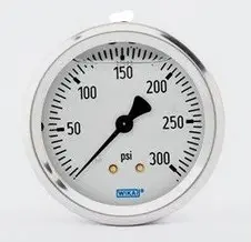 Wika 213.53 Series Glycerin/Water Filled Industrial Pressure Gauge, 4" Dial, -30 inHg to 0 PSI/kPa, 1/4" NPT Brass Lower Back Mount