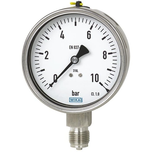 [9833590] Wika 233.53 Stainless Steel Pressure Gauge, 2.5" Dial, 0-30 PSI, Liquid Filled, 1/4" NPT SS Lower Mount