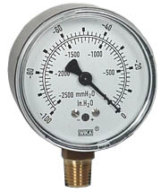 [9747473] Wika 611.10 Series Dry Capsule Pressure Gauge, 2.5" Dial, -100 to 0 in (mm.WC), 1/4 NPT Brass Lower Mount