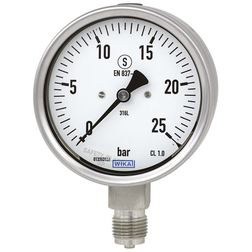 Wika 23x.30 Series 4" SS Solid-Front Safety Case Pressure Gauge, Dry/Fillable, SS Wetted Parts